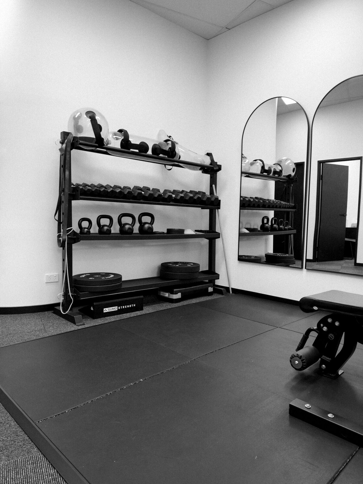 Dumbbell and kettlebell rack inside the Rehab N Run training space