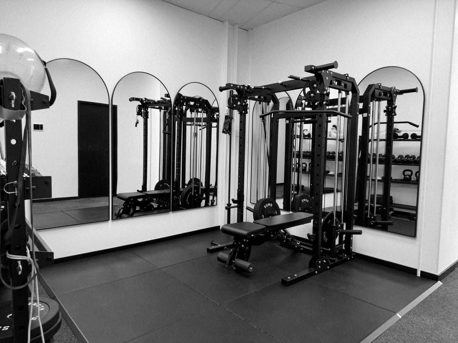 Rehab N Run rehab and strength training space with squat rack and arched mirrors